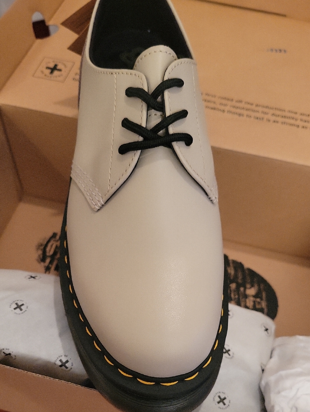 Dr. Martens Beige Leather 3-Eye Derby with Black Platform Soles. Unisex